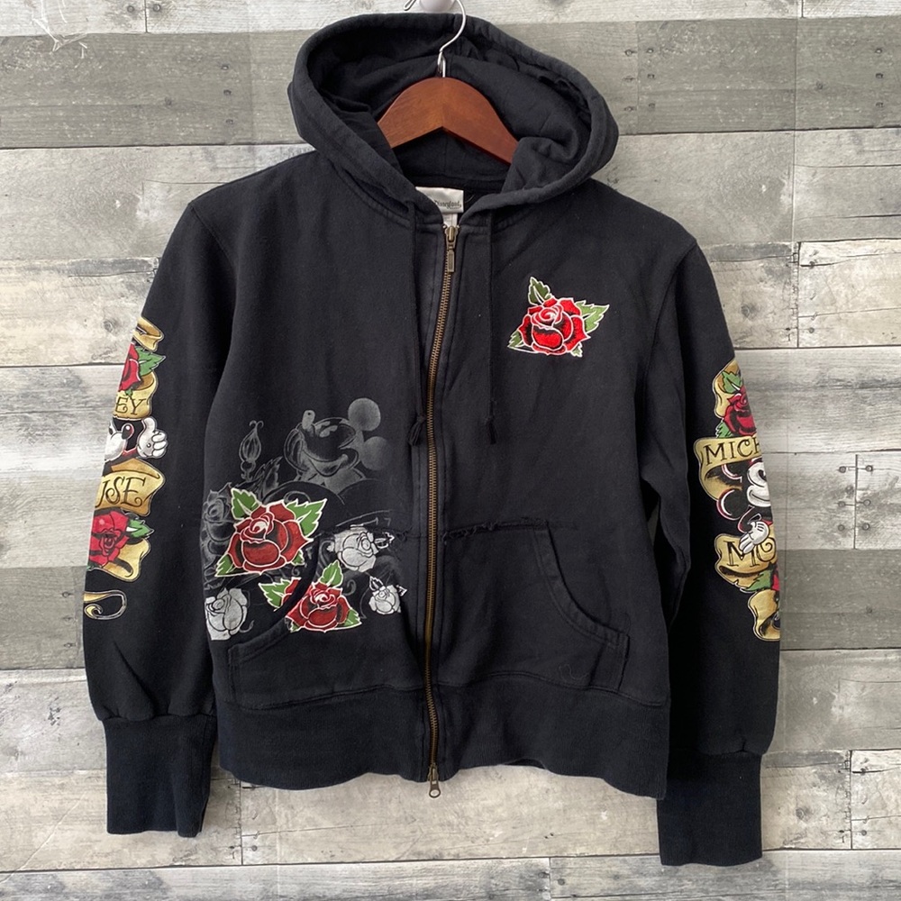 DISNEY LAND RESORT MICKEY FLORAL STUDDED FULL ZIP UP SWEATSHIRT BLACK KIDS XL